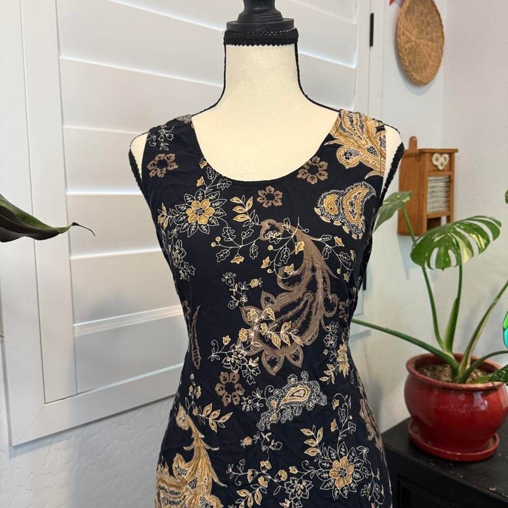 VTG 90s Y2K Dark Fairy Black Paisley Floral Midi Dress Tie Back Boho Whimsigoth - Picture 3 of 8